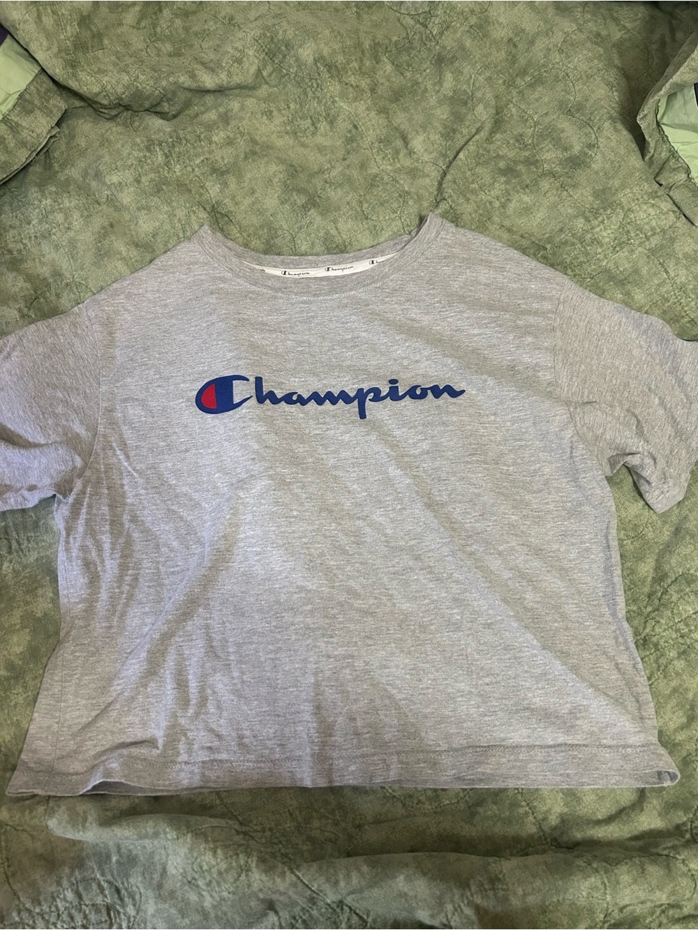 Champion Gray Crop Tee with Blue Logo and Red Accent